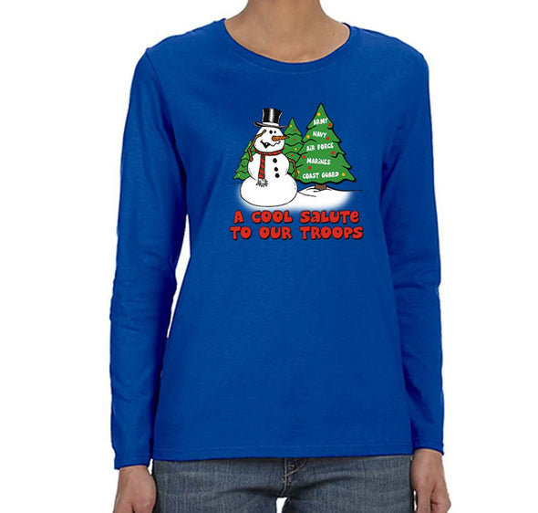 Free Shipping Womens Snowman Salute Our Troops Army Navy Marines Air Force Military Christmas Sweater Tree  Long Sleeve Crewneck T-Shirt
