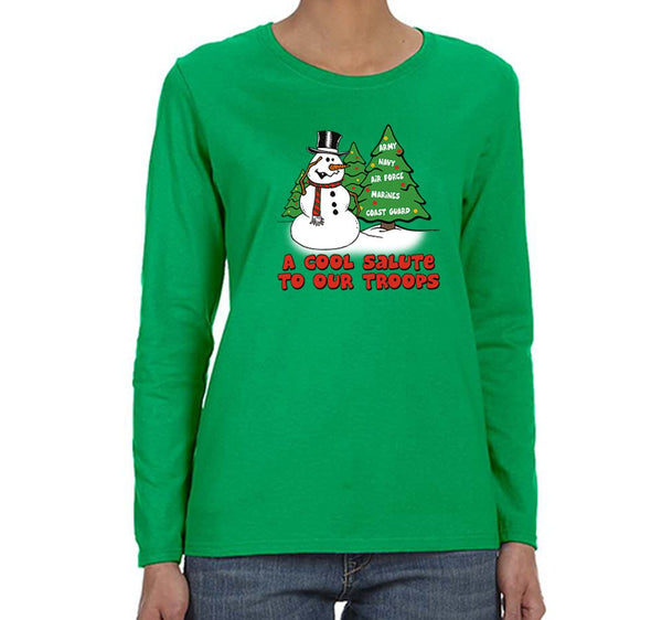 Free Shipping Womens Snowman Salute Our Troops Army Navy Marines Air Force Military Christmas Sweater Tree  Long Sleeve Crewneck T-Shirt