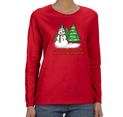 Free Shipping Womens Snowman Salute Our Troops Army Navy Marines Air Force Military Christmas Sweater Tree  Long Sleeve Crewneck T-Shirt