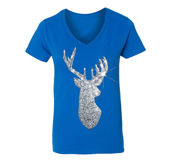 Free Shipping Womens Silver Reindeer Sequins Christmas Santa Winter Sparkle Holiday Sleigh Ho Ho Party Gift Elf Snow V-Neck T-shirt