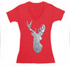 Free Shipping Womens Silver Reindeer Sequins Christmas Santa Winter Sparkle Holiday Sleigh Ho Ho Party Gift Elf Snow V-Neck T-shirt