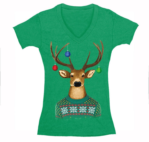 Free Shipping Womens Reindeer Wearing  Sweater Ornaments Ugly Christmas Sweater Winter Santa Holiday Snowman Gift V-Neck T-Shirt