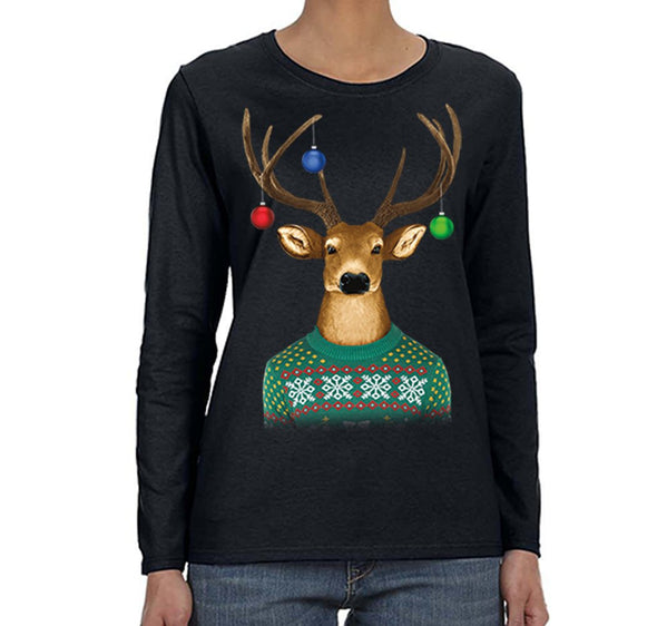 Free Shipping Womens Reindeer Wearing  Sweater Ornaments Ugly Christmas Sweater Winter Santa Holiday Snowman Gift Long Sleeve  T-Shirt