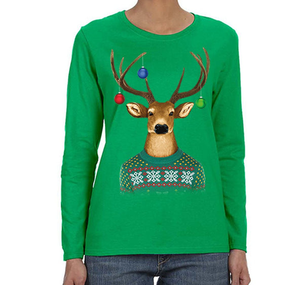 Free Shipping Womens Reindeer Wearing  Sweater Ornaments Ugly Christmas Sweater Winter Santa Holiday Snowman Gift Long Sleeve  T-Shirt