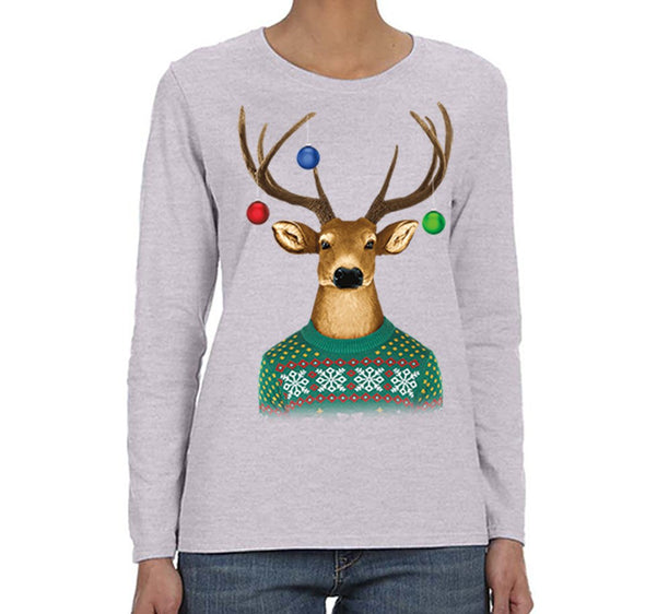 Free Shipping Womens Reindeer Wearing  Sweater Ornaments Ugly Christmas Sweater Winter Santa Holiday Snowman Gift Long Sleeve  T-Shirt
