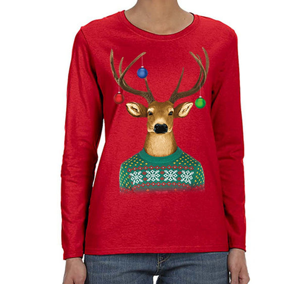 Free Shipping Womens Reindeer Wearing  Sweater Ornaments Ugly Christmas Sweater Winter Santa Holiday Snowman Gift Long Sleeve  T-Shirt