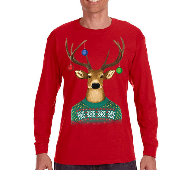 Free Shipping Mens Reindeer Wearing  Sweater Ornaments Ugly Christmas Sweater Winter Santa Holiday Snowman Gift Long Sleeve  T-Shirt