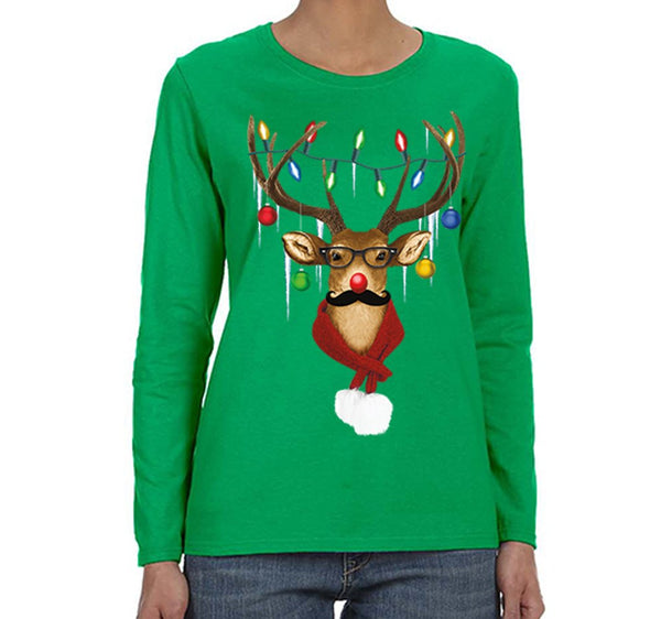 Free Shipping Womens Reindeer Wearing Sweater Moustache Lights Ugly Christmas Sweater Winter Holiday Santa Gift Long Sleeve  T-Shirt