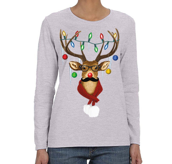 Free Shipping Womens Reindeer Wearing Sweater Moustache Lights Ugly Christmas Sweater Winter Holiday Santa Gift Long Sleeve  T-Shirt