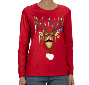 Free Shipping Womens Reindeer Wearing Sweater Moustache Lights Ugly Christmas Sweater Winter Holiday Santa Gift Long Sleeve  T-Shirt