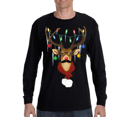 Free Shipping Mens Reindeer Wearing Sweater Moustache Lights Scarf Ugly Christmas Sweater Winter Holiday Santa Gift Long Sleeve T-Shirt
