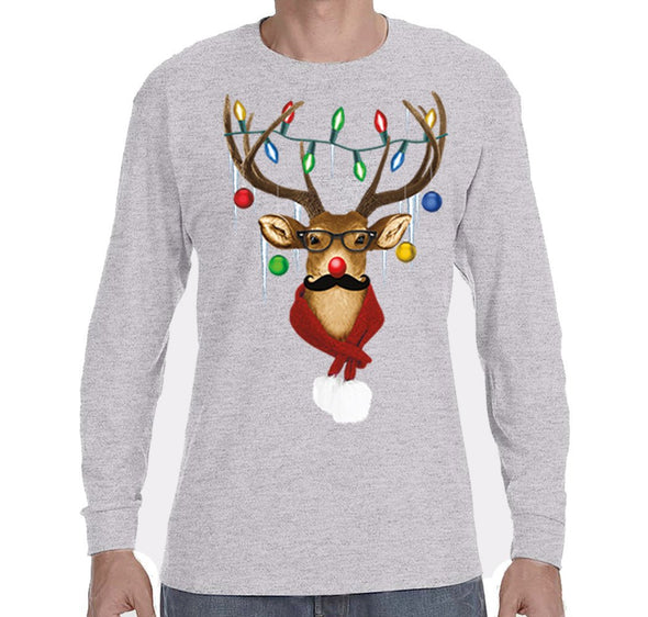 Free Shipping Mens Reindeer Wearing Sweater Moustache Lights Scarf Ugly Christmas Sweater Winter Holiday Santa Gift Long Sleeve T-Shirt