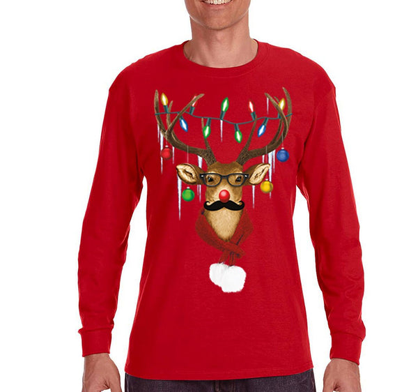 Free Shipping Mens Reindeer Wearing Sweater Moustache Lights Scarf Ugly Christmas Sweater Winter Holiday Santa Gift Long Sleeve T-Shirt