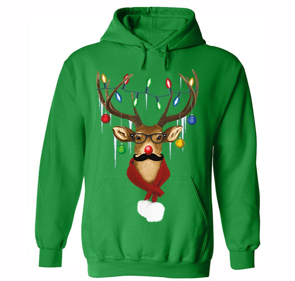 Free Shipping Reindeer Wearing Sweater Moustache Lights Ugly Christmas Sweater Winter Holiday Santa Gift Men Womens Hoodie