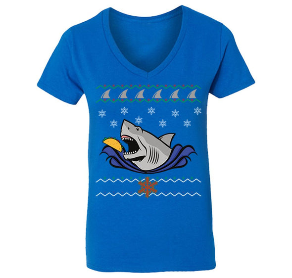 Free Shipping Womens Taco Shark Ugly Christmas Sweater Great White Nautical Holiday Fishing Diving Boat Winter Funny Gift V-Neck T-Shirt