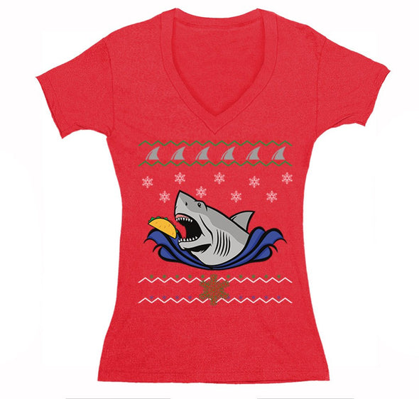 Free Shipping Womens Taco Shark Ugly Christmas Sweater Great White Nautical Holiday Fishing Diving Boat Winter Funny Gift V-Neck T-Shirt