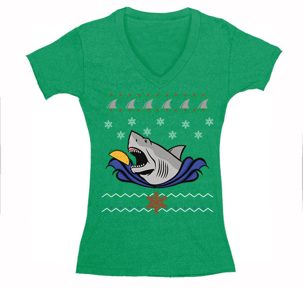 Free Shipping Womens Taco Shark Ugly Christmas Sweater Great White Nautical Holiday Fishing Diving Boat Winter Funny Gift V-Neck T-Shirt
