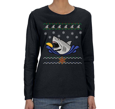 Free Shipping Womens Taco Shark Ugly Christmas Sweater Great White Ocean Nautical Holiday Fishing Diving Boat Funny Gift Long Sleeve T-Shirt