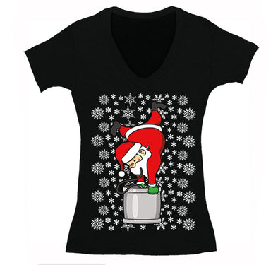 Free Shipping Womens Santa Keg Stand Beer Frat College Funny Fraternity Party Ugly Christmas Sweater Holiday Winter Drinking V-Neck T-Shirt