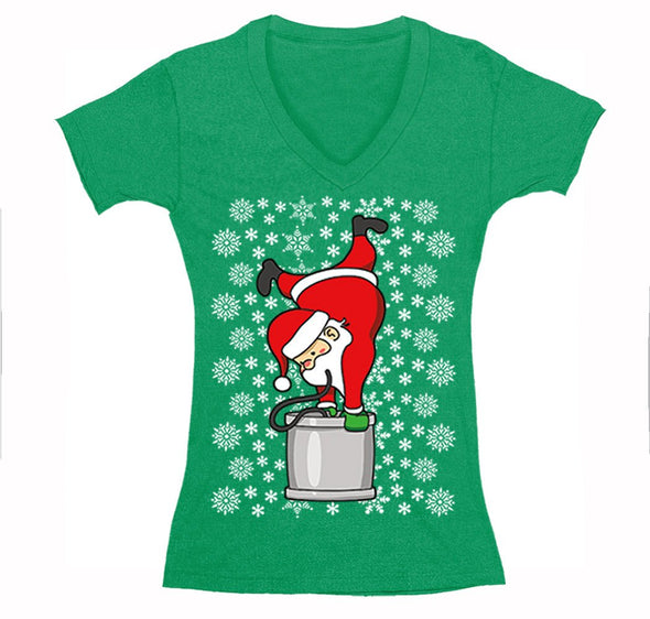 Free Shipping Womens Santa Keg Stand Beer Frat College Funny Fraternity Party Ugly Christmas Sweater Holiday Winter Drinking V-Neck T-Shirt