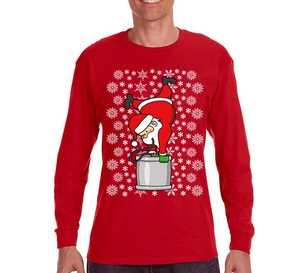 Free Shipping Mens Santa Keg Stand Beer Frat College Funny Fraternity Party Ugly Christmas Sweater Gift Winter Drinking Long Sleeve T-Shirt