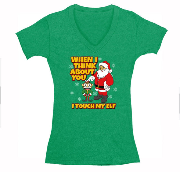 Free Shipping Womens When I Think About You I Touch My Elf Ugly Christmas Sweater Santa Gift Holiday Funny Party Snowflake V-Neck T-Shirt
