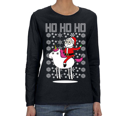 Free Shipping Womens Santa Riding Unicorn Ho Ho Ugly Christmas Sweater Pony Snowflake Winter Funny Animal Gift Holiday Long Sleeve T-Shirt