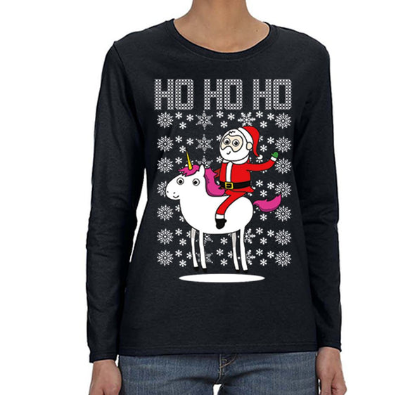 Free Shipping Womens Santa Riding Unicorn Ho Ho Ugly Christmas Sweater Pony Snowflake Winter Funny Animal Gift Holiday Long Sleeve T-Shirt