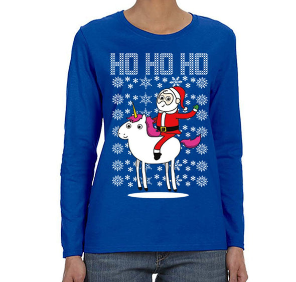 Free Shipping Womens Santa Riding Unicorn Ho Ho Ugly Christmas Sweater Pony Snowflake Winter Funny Animal Gift Holiday Long Sleeve T-Shirt