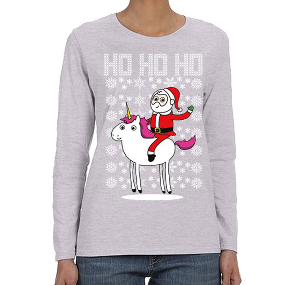 Free Shipping Womens Santa Riding Unicorn Ho Ho Ugly Christmas Sweater Pony Snowflake Winter Funny Animal Gift Holiday Long Sleeve T-Shirt