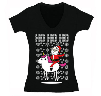 Free Shipping Womens Santa Riding a Unicorn Ho Ho Ho Ugly Christmas Sweater Pony Snowflake Winter Funny Snowman Gift Holiday V-Neck T-Shirt