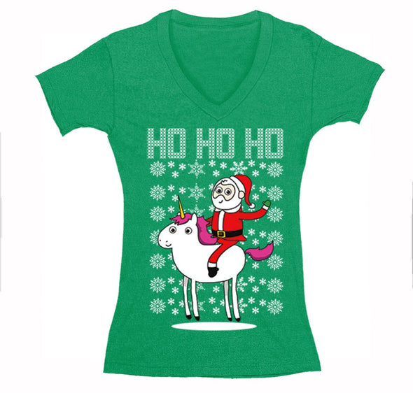 Free Shipping Womens Santa Riding a Unicorn Ho Ho Ho Ugly Christmas Sweater Pony Snowflake Winter Funny Snowman Gift Holiday V-Neck T-Shirt