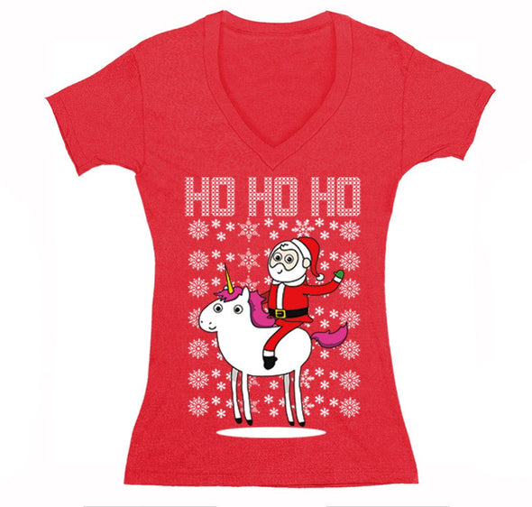 Free Shipping Womens Santa Riding a Unicorn Ho Ho Ho Ugly Christmas Sweater Pony Snowflake Winter Funny Snowman Gift Holiday V-Neck T-Shirt