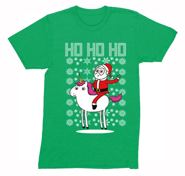 Free Shipping Mens Santa Riding a Unicorn Ho Ho Ho Ugly Christmas Sweater Pony Snowflake Winter Funny Snowman Gift Holiday Crewneck T-Shirt