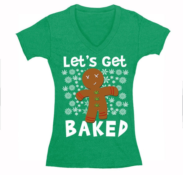 Free Shipping Womens Let's Get Baked Gingerbread Man Cookie 420 Ugly Christmas Sweater Santa Winter Funny Holiday Snow Gift V-Neck T-Shirt