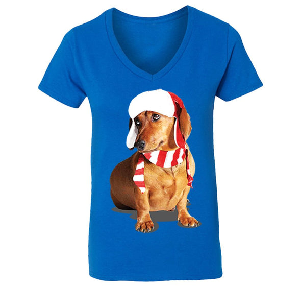 Free Shipping Womens Dachshund Wiener Dog Lover Santa Scarf Animal Cute Holiday Puppy Party Winter Christmas Sweater V-Neck T-Shirt