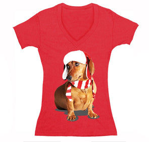 Free Shipping Womens Dachshund Wiener Dog Lover Santa Scarf Animal Cute Holiday Puppy Party Winter Christmas Sweater V-Neck T-Shirt