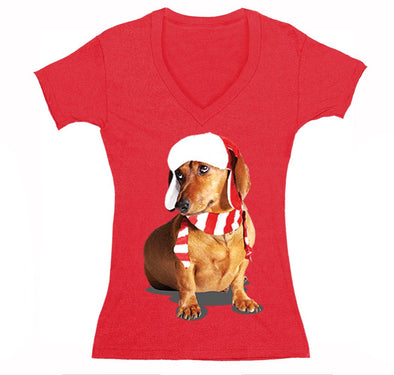 Free Shipping Womens Dachshund Wiener Dog Lover Santa Scarf Animal Cute Holiday Puppy Party Winter Christmas Sweater V-Neck T-Shirt