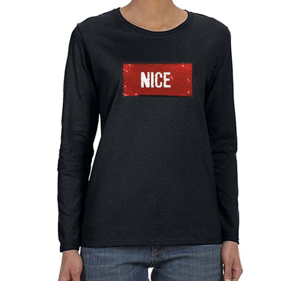 Free Shipping Womens Naughty Nice Flip Reversible Sequin Sequined Sweater Christmas Party  Long Sleeve T-Shirt