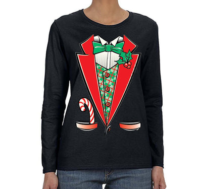 Free Shipping Womens Tuxedo Shirt Bowtie Candy Cane Holly Fancy Ugly Sweater Christmas Long Sleeve T-Shirt