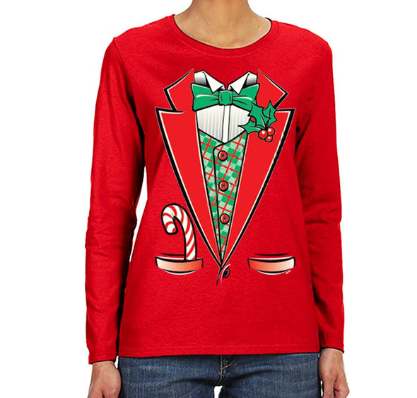 Free Shipping Womens Tuxedo Shirt Bowtie Candy Cane Holly Fancy Ugly Sweater Christmas Long Sleeve T-Shirt