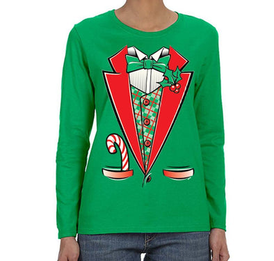 Free Shipping Womens Tuxedo Shirt Bowtie Candy Cane Holly Fancy Ugly Sweater Christmas Long Sleeve T-Shirt