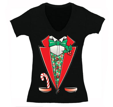 Free Shipping Womens Tuxedo Shirt Bowtie Candy Cane Holly Fancy Ugly Sweater Christmas V-Neck T-Shirt