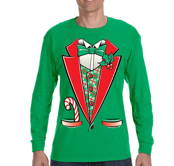 Free Shipping Mens Tuxedo Shirt Bowtie Candy Cane Holly Fancy Ugly Sweater Christmas Party Long Sleeve T-Shirt