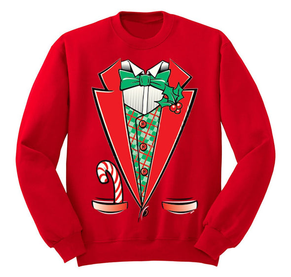 Free Shipping Mens Tuxedo Shirt Bowtie Candy Cane Holly Fancy Ugly Sweater Christmas Party Crewneck Sweatshirt