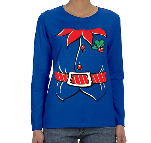 Free Shipping Womens Elf Shirt Poinsettia Holly Belt Ugly Sweater Christmas Party Long Sleeve T-Shirt