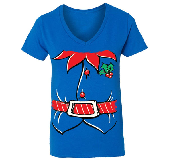 Free Shipping Womens Elf Shirt Poinsettia Holly Belt Ugly Sweater Christmas Party V-Neck T-Shirt