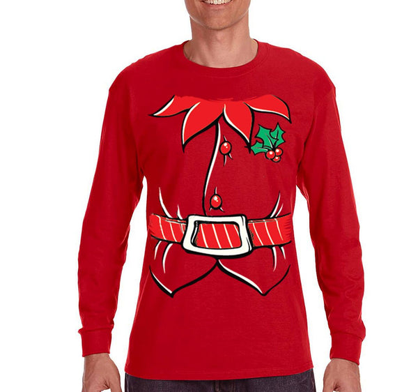 Free Shipping Mens Elf Shirt Poinsettia Holly Belt Ugly Sweater Christmas Party Long Sleeve T-Shirt