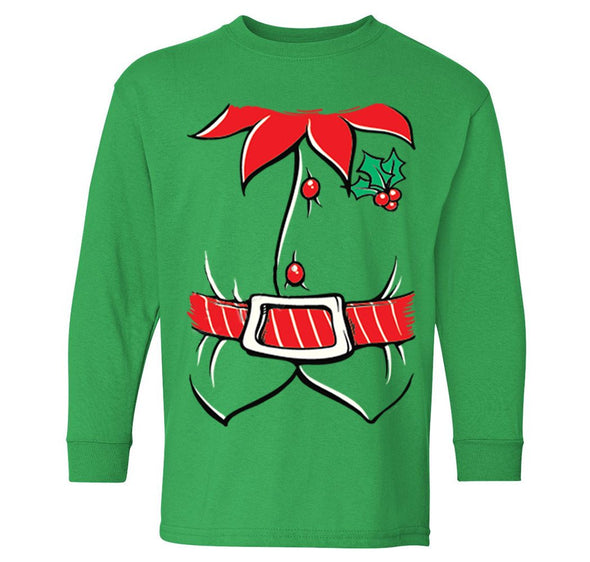 Free Shipping Elf Shirt Poinsettia Holly Belt Christmas Holiday Party Family Youth Toddler Girl Boy Kids Long Sleeve T-Shirt