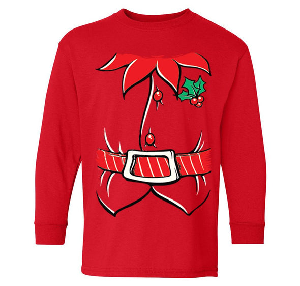 Free Shipping Elf Shirt Poinsettia Holly Belt Christmas Holiday Party Family Youth Toddler Girl Boy Kids Long Sleeve T-Shirt